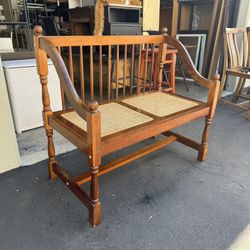 Solid Oak Bench With Woven Cane Seat Good Condition