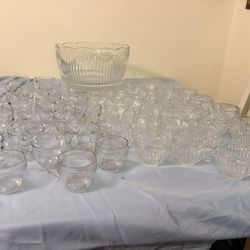 Vintage Glass Punch Bowl Set – 62-Piece Lot with 61 Cups (Mixed Designs, 5oz)