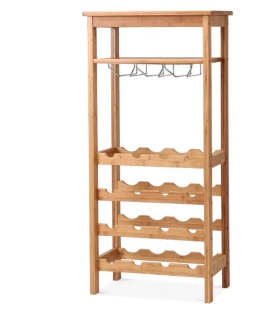 16 Bottles Bamboo Storage Wine Rack with Glass Hanger
