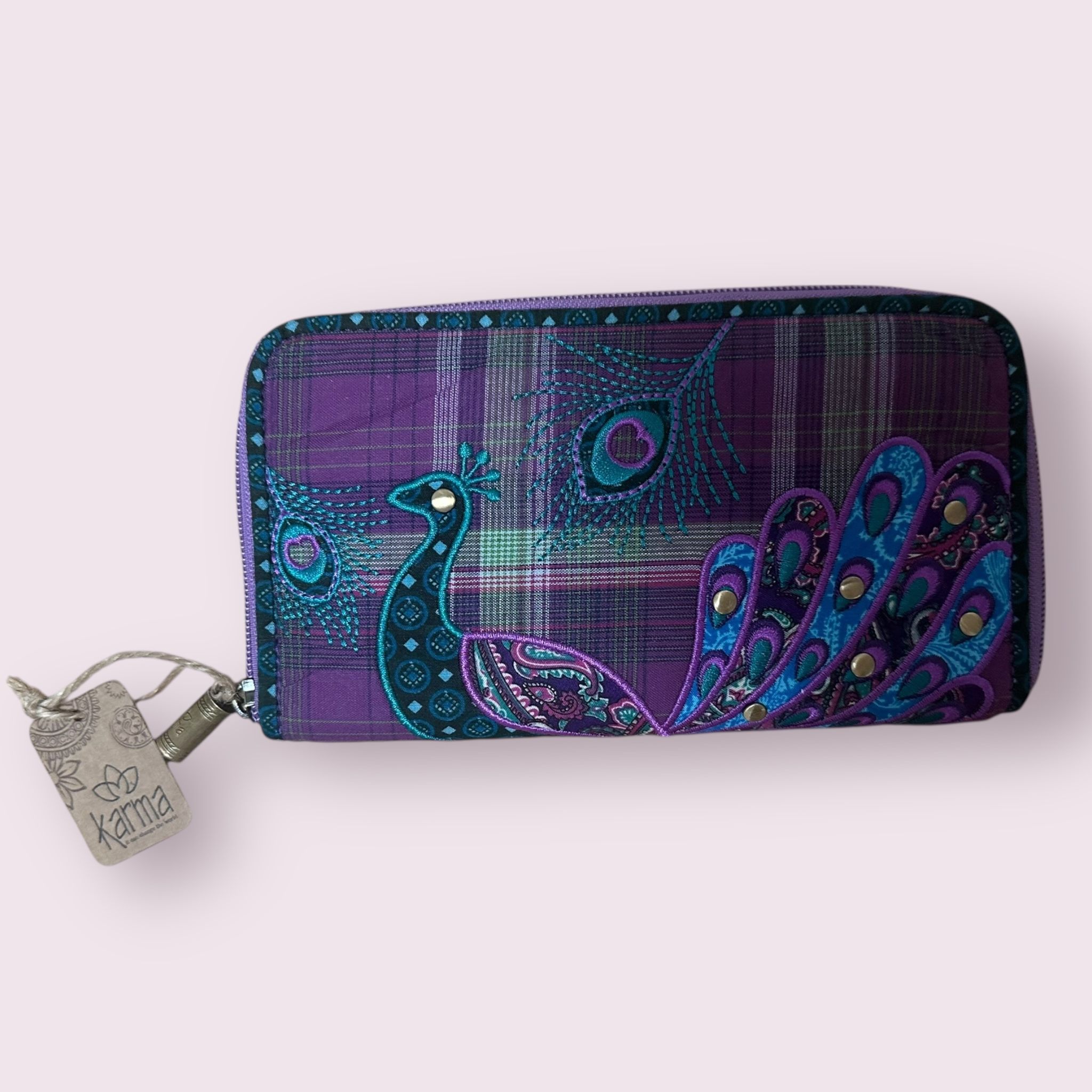NWT Karma Purple Plaid Peacock Wristlet Wallet, MSRP $20