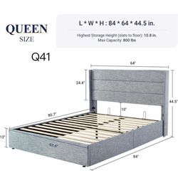 Q41-Queen Size Lift Up Storage Bed, Modern Wingback Headboard, Hydraulic Support, No Box Spring Needed, Grey Blue