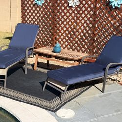 Two Matching Pool Chaise Lounge Chairs With New Navy Blue Cushions