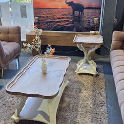 2 PIECE WOOD COFFEE TABLE SET WHITE AND RUSTIC BROWN