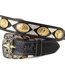 Western Belt Cowboy Leather Black Bull Rider Jinete de Toros Concho Belt Pants 28 30 32 34 36 38 Cinto Vaquero