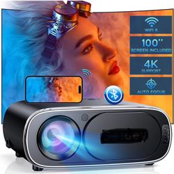 【Auto Focus】Projector with WiFi and Bluetooth 5.2 with 100'' Screen, 490 ANSI 4K Support Movie Video Projector