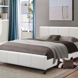 New! White Leather Queen Platform Bed
