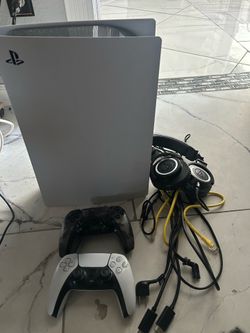 Ps5 with 2 controllers (reg Sony white, reg Sony camo), ATH-M50x headphones, all cables including Ethernet