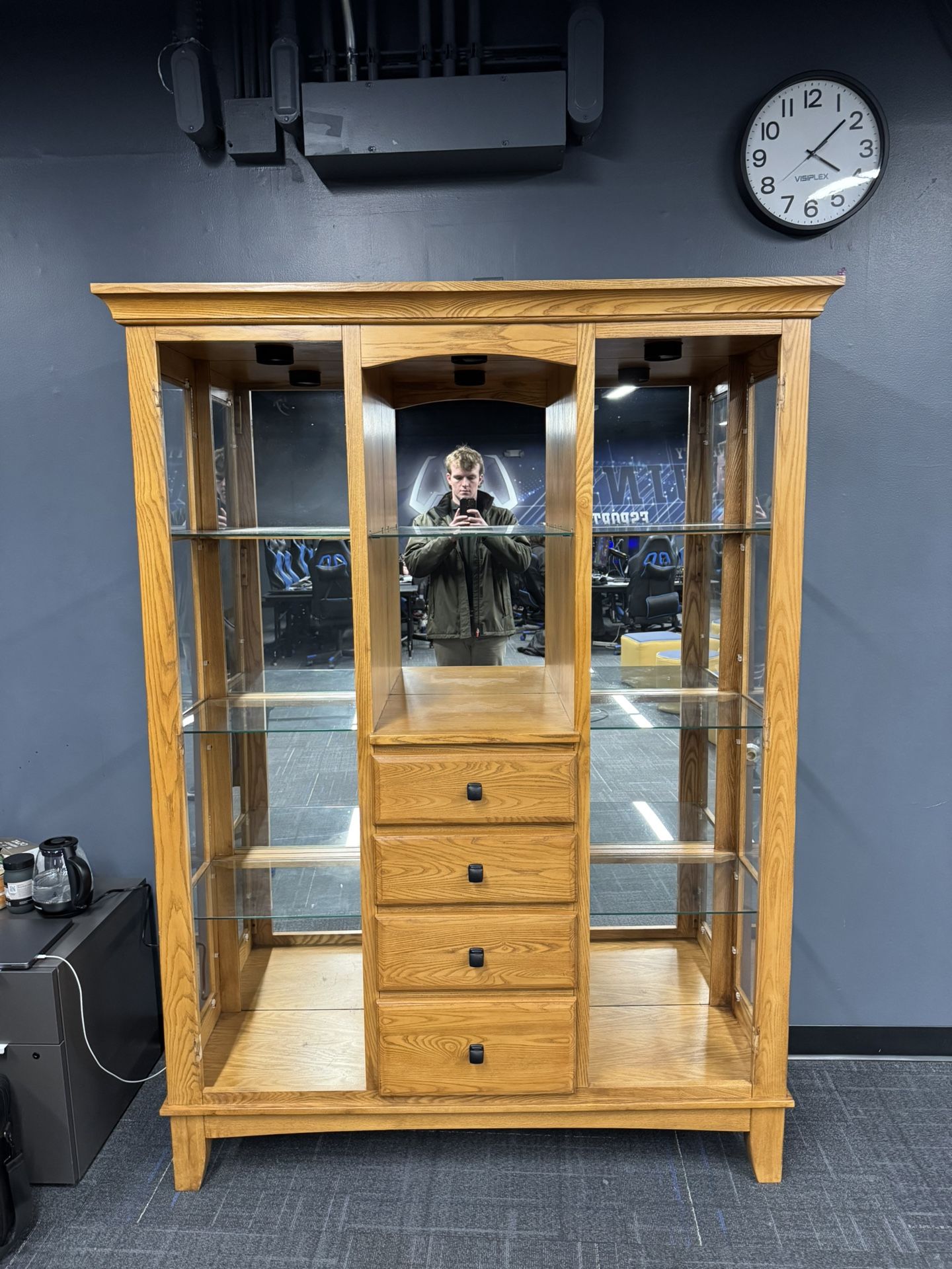 Wood Cabinet With Shelves, Lights, And Mirrors