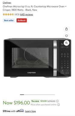 Chefman Microcrisp 1.1 cu. ft. Countertop Microwave Oven + Crisper, 1800 Watts - Black, New