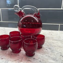 Cambridge Ruby Red Ball Decanter and Set Of 6 