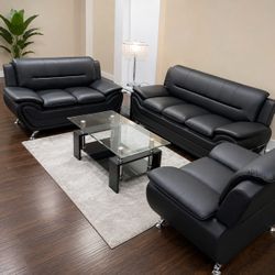 Black 3 piece faux leather living room sofa set