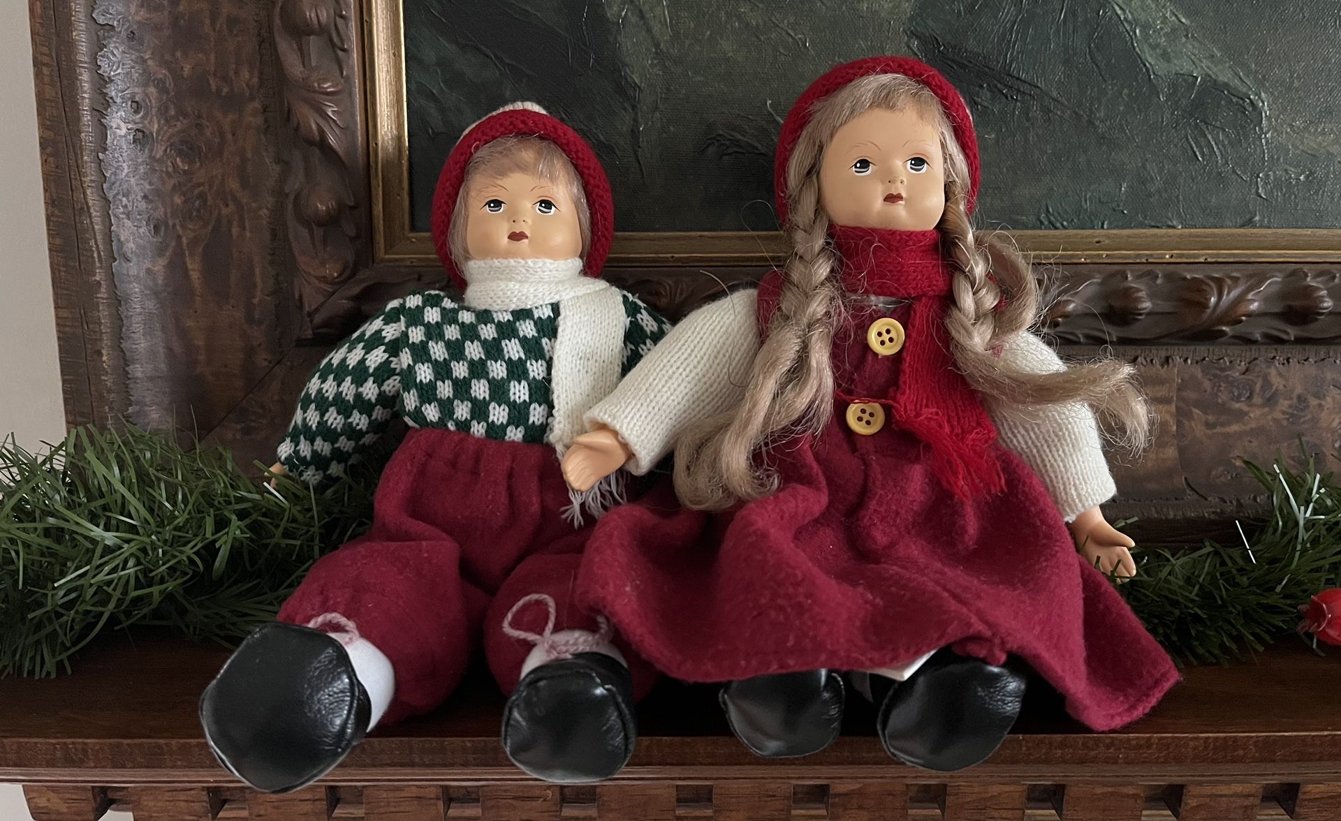 Vintage  Anco Porcelain Dolls—9” Girl & Boy in Winter Wear—Excellent