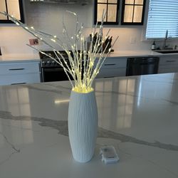 11 Inch White Ceramic Waterfall Textured Flower Vase with Lighted White LED Twig Branches with Timer