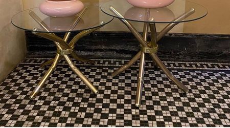 Pair of Glass Top Side Tables with Gold Jacks Base