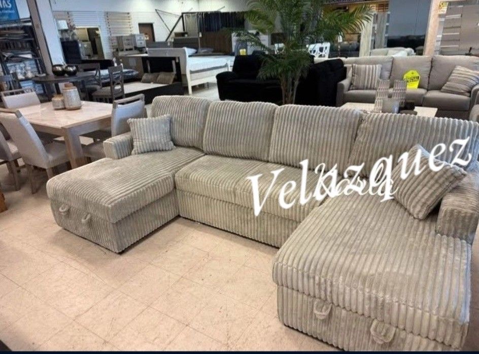 ✅️✅️3 pc Ash grey corduroy fabric sectional sofa with double storage chaise and pop up sleep area in center✅️