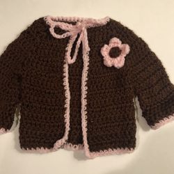 Baby Girls Brown with Pink Flower and Trim   Size 3-6M Hand Crochet Perfect for a Gift