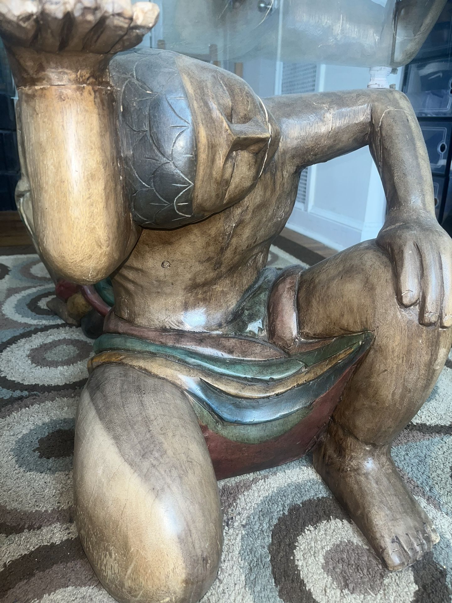 1960’s Hand Wood Carved Figural and Glass Table - Bold and Beautiful Statement Piece