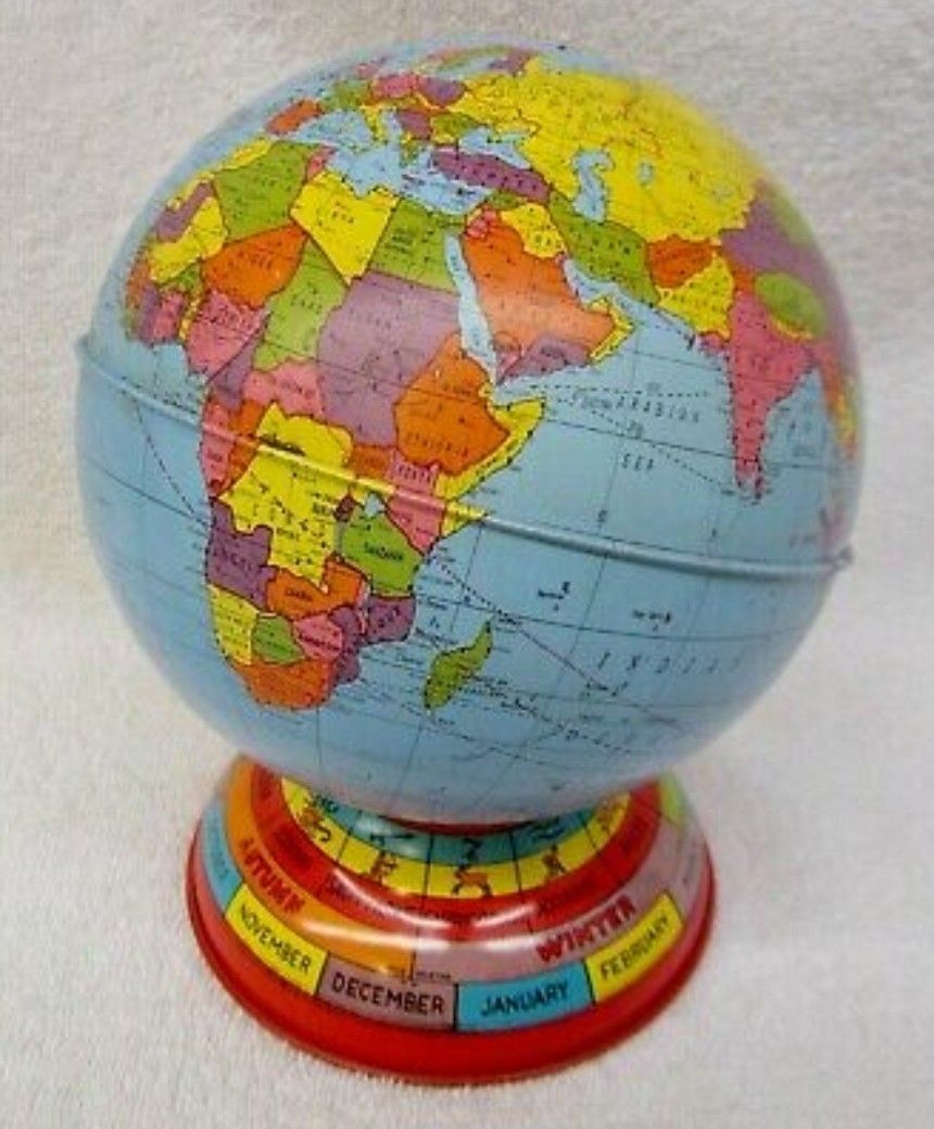 Vintage Brand Name Ohio Art Globe Bank Tin