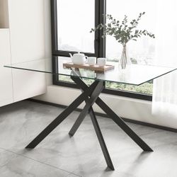 Rectangle Glass Dining Table For 4, Tempered Glass Tabletop and Metal Tubular Legs