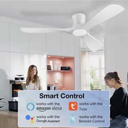 Was 230$ 52" Smart Wood Ceiling Fans with Lights Remote,Quiet DC Motor,Outdoor Indoor Flush Mount Ceiling Fan,Control with WIFI Alexa App,Dimma