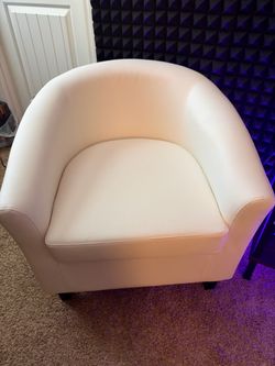 2 White Faux Leather Barrel Accent Chairs