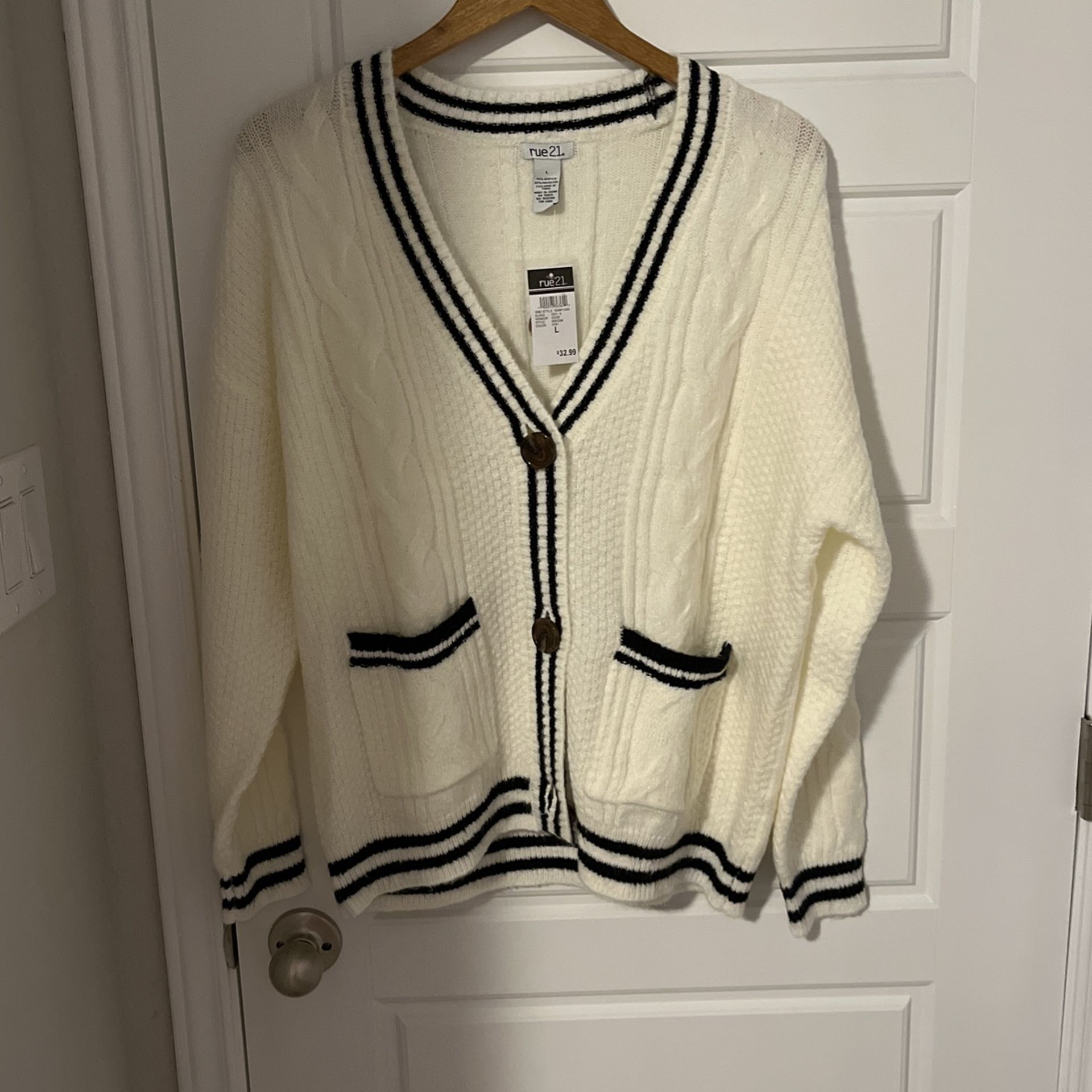 New Rue 21 Large White/Black Cardigan Sweater 