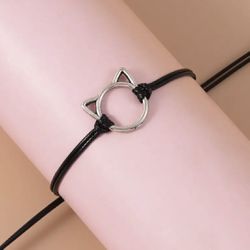 Brand New Silver Cat Charm Black Adjustable Bracelet 