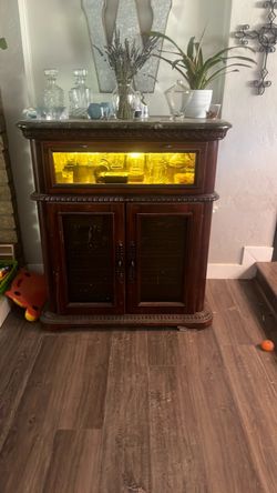 Dark Wood Bar Cabinet with Lighted Display and fridge