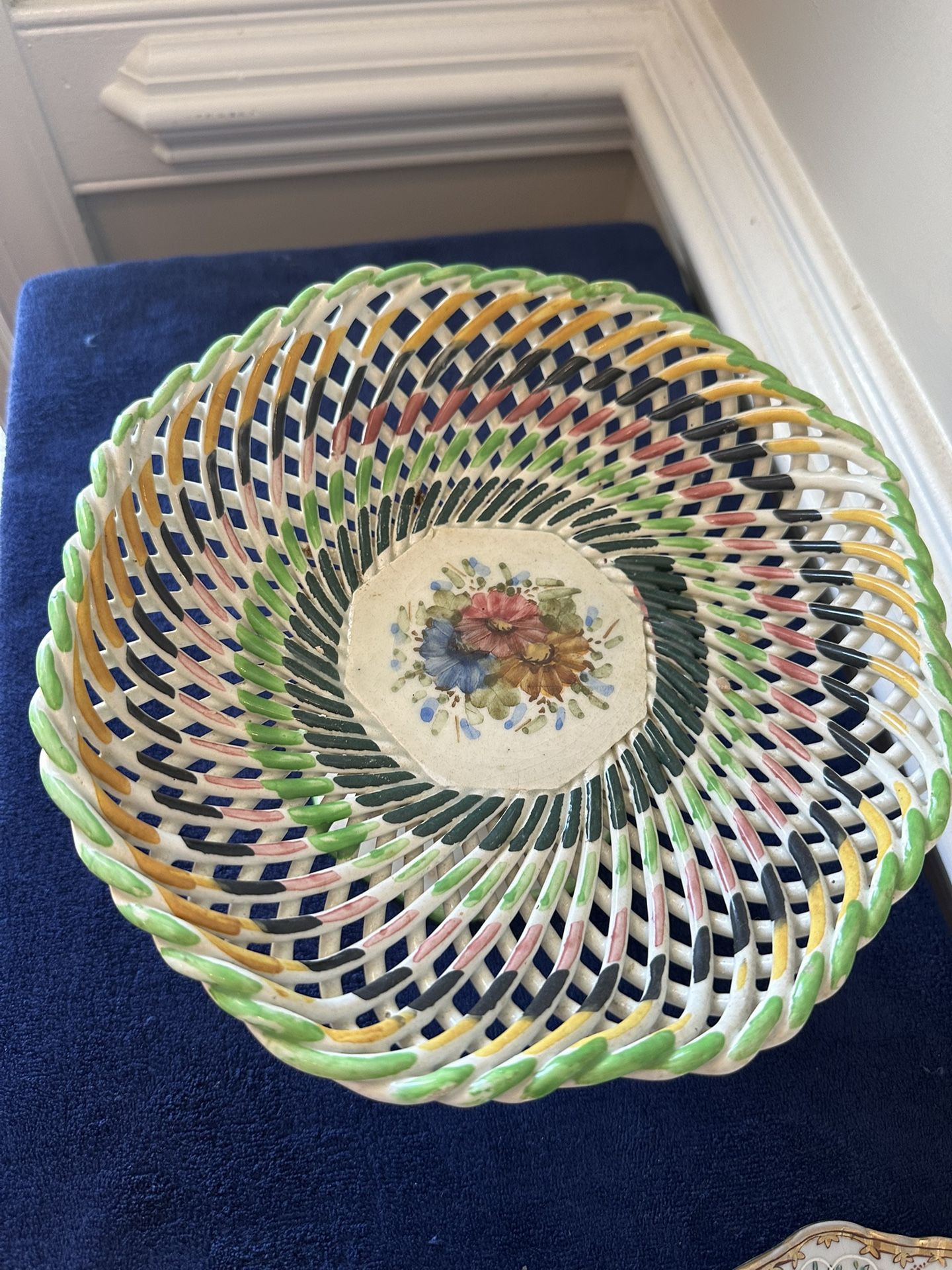 Vintage Spanish Porcelain Woven Twig Basket Bowl 