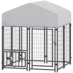 Outdoor Dog Kennel, Welded Wire Dog Run with 360° Rotating & 4 Levels Adjustable Bowls, Waterproof & UV Resistant Cover, 3.9' x 3.9' x 4.5'. $100