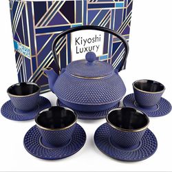 Large 11PC Japanese Tea Set "KONJOU Blue" Cast Iron Tea Pot 26Oz with 4 Tea Cup