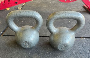 A pair of 30 Pound Kettlebells