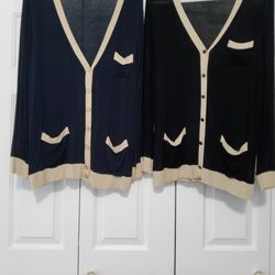 Monteau navy or black cardigan with tan trim/size large/$8 EACH