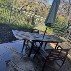 Set Patio Table, Chair, Bench, Umbrella, Stand For Umbrella.