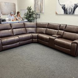 Top Grain Leather Power Reclining Sectional With USB Ports And Adjustable Headrests 