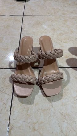 Nude Braided Strap Block Heel Sandals