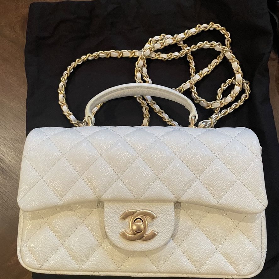 Chanel Off White Quilted Calfskin Top Handle Flap Mini Antique Gold rectangle