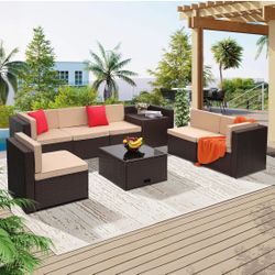 8 Piece Outdoor Wicker Patio Furniture Sectional Set - BROWN/BEIGE - BRAND NEW IN BOX