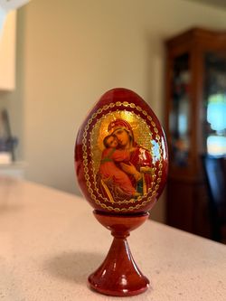 Russian Orthodox Wooden Easter Egg featuring an icon of the Virgin Mary and the Christ Child