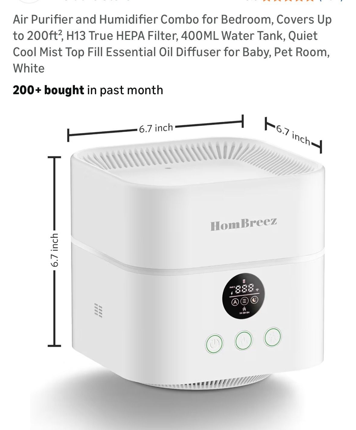 Air Purifier & Humidifier Combo for Bedroom, Covers up to 200Ft², HEPA Filter