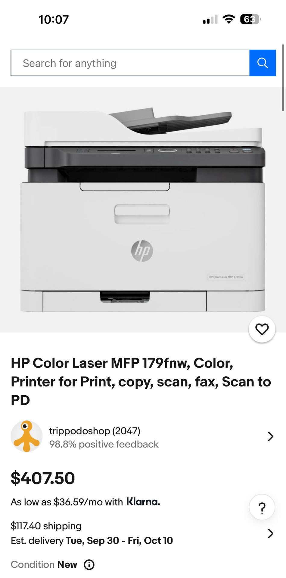 HP Color Laser MFP 179fnw, Color, Printer for Print, copy, scan, fax, Scan to PDF