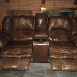 Dual Seat Brown Leather Couch Recliner