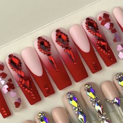 Extra long square red press on nails rhinestones,ombré, French tips, hearts