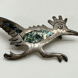 Vintage Signed APS Sterling Silver & Abalone Shell Roadrunner Mexican Pin ~ 2.8g