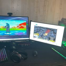 Leveno Gaming Pc With 2 Monitors, 3 Mousepads, Sound Box, Controller, Mouse’s, Mic, Webcam, 2 Keyboards, Headset