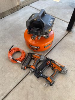 RIDGID
6 Gal. 150 PSI Portable Electric Oil-Free Jobsite Pancake Air Compressor with 25 ft. Air Hose and 18GA Brad Nailer, 16GA Straight Finish Nailer