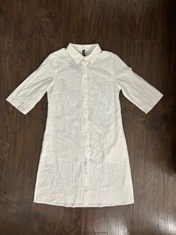 JustFashionNow White Solid Collared 3/4 Sleeve Button Shirt Dress