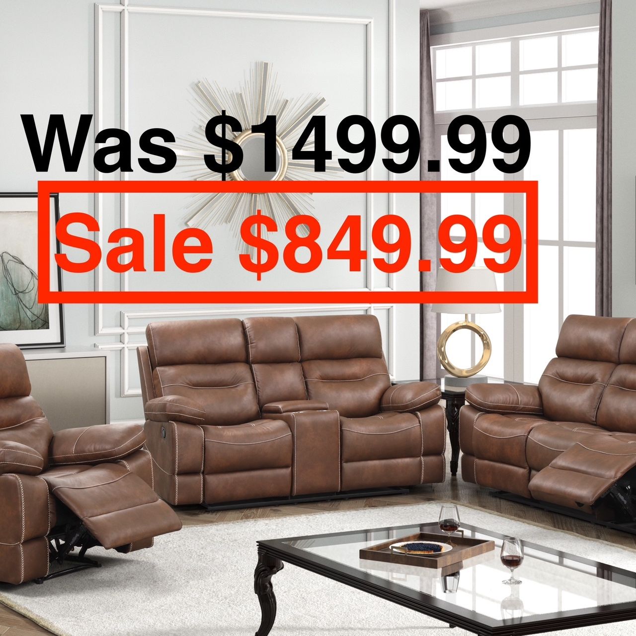 3 Piece Brown Reclining Sofa Set ( Loveseat with Console & 2 Cup Holders & a Storage) 