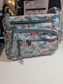 SENBAOLU Women’s Light Blue Floral Rectangle Crossbody Bag, Zip, Silver, Pockets