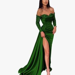 Off The Shoulder Sequin Long Sleeve Prom Dresses Long Satin Mermaid Evening Gown for Women Formal Dress with Slit